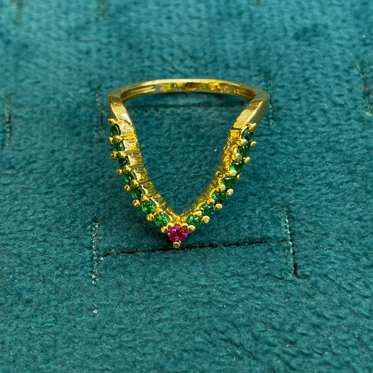 92.5 Silver Gold Plated Green & Pink CZ Chevron Ring for Women