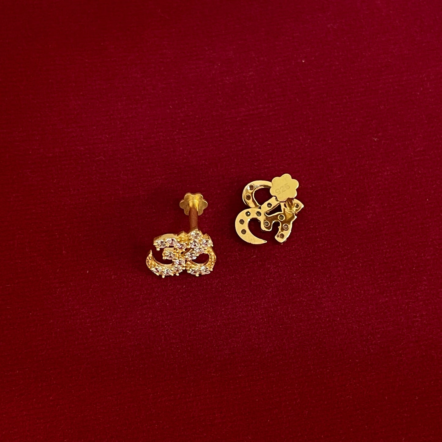Gold Plated 92.5 Sterling Silver Pavé CZ Om Symbol Stud Earrings for Women | Sacred Om ॐ CZ Stud Earrings