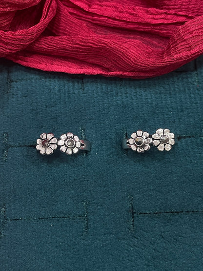 925 Sterling Silver Dual Flower Pyrite Toe Rings for Women | Oxidised Floral Design