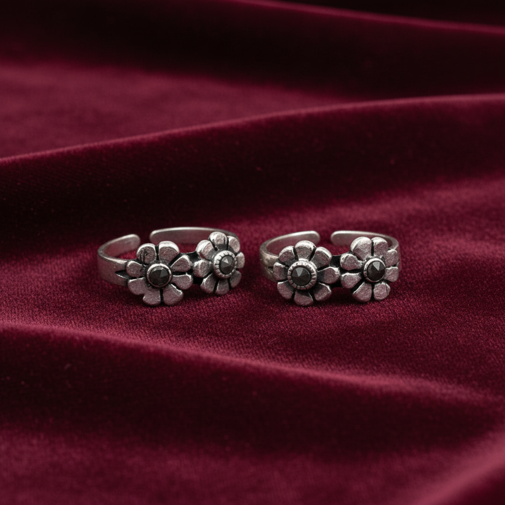 925 Sterling Silver Dual Flower Pyrite Toe Rings for Women | Oxidised Floral Design