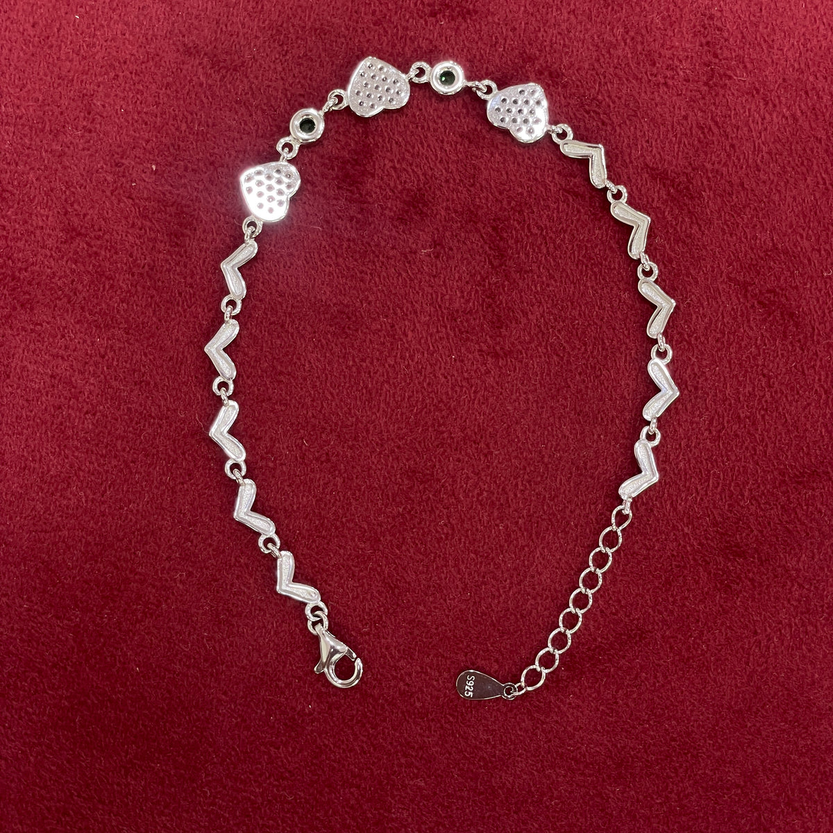 92.5 Silver Green Stone Heart Bracelet for Women