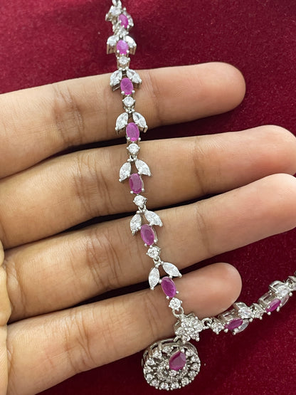 92.5 Silver Pink & White Stone Necklace for Women 18 Inches | Stylish Elegant Design | Premium Jewellery