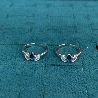 92.5 Sterling Silver Sapphire Blue & White CZ Marquise Three Leaf Open Toe Rings for Women — Pair