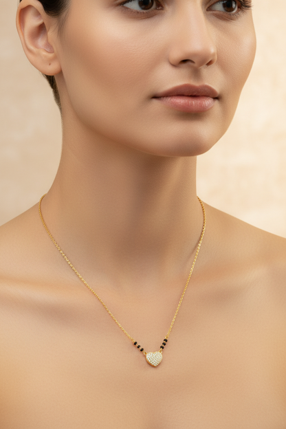 92.5 Silver Gold Plated Heart Pendant Black Bead Chain for Women 19 Inches | Stylish Love Design | Elegant Jewellery