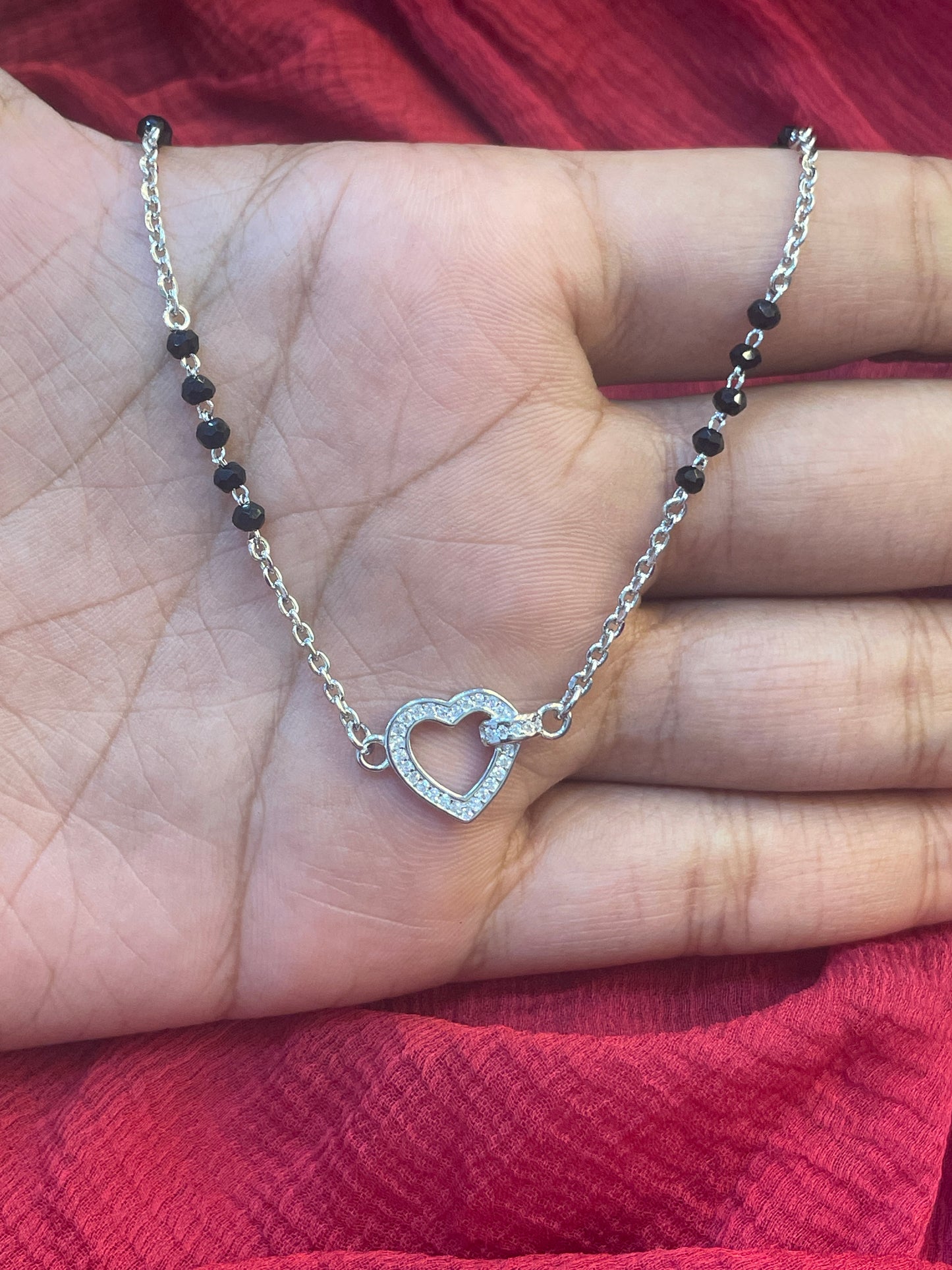 92.5 Silver Minimal Heart Black Bead Chain for Women 18.9 Inches | Stylish Symbol Design | Elegant Jewellery