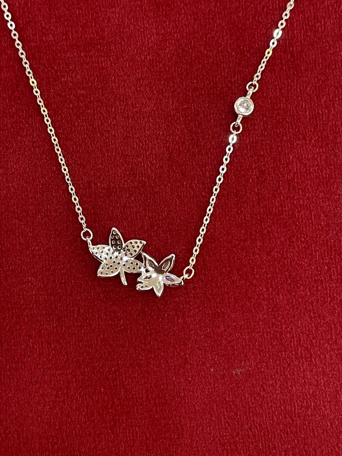 92.5 Silver Pave CZ & Plain Silver Dual Flower Cluster Pendant Necklace for Women