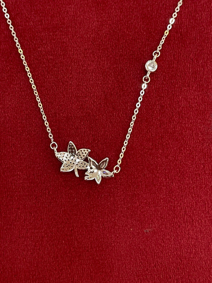 92.5 Silver Pave CZ & Plain Silver Dual Flower Cluster Pendant Necklace for Women