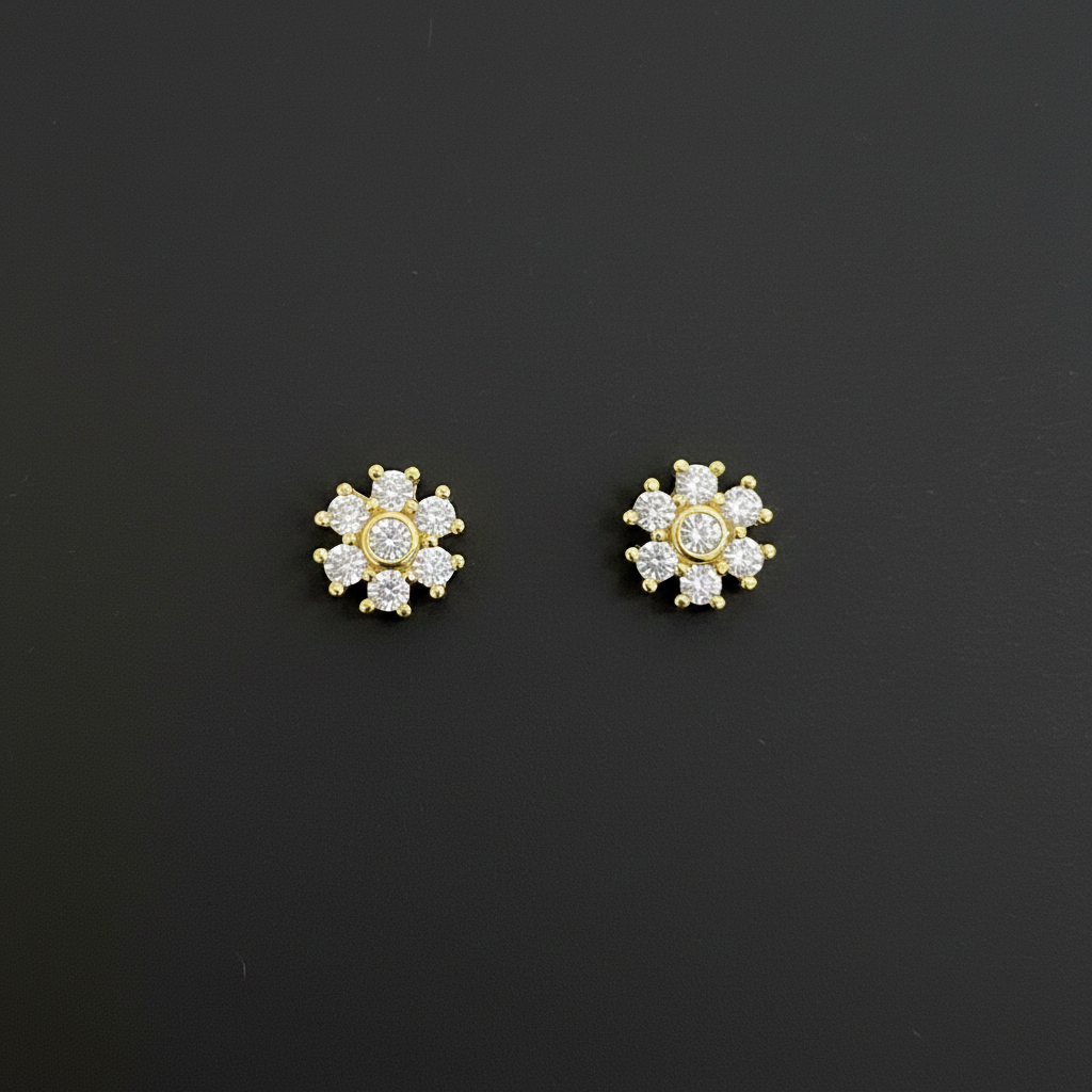 925 Silver Gold Finish Floral Cluster Stud Earrings | CZ Earrings with Ball Screw Back