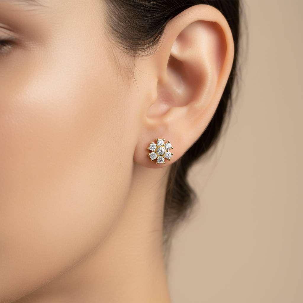 925 Silver Gold Finish Floral Cluster Stud Earrings | CZ Earrings with Ball Screw Back