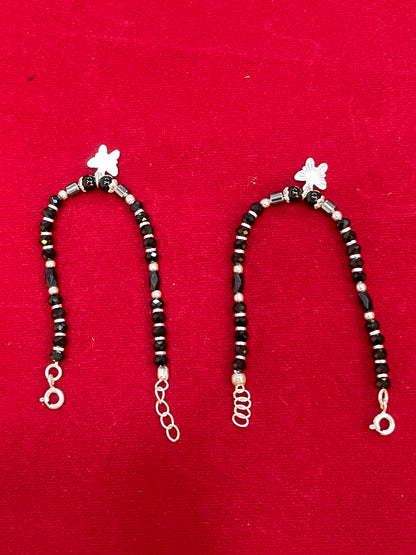Silver Nazariya Black Bead Anklet for Kids | Set of 2 with Star Charm
