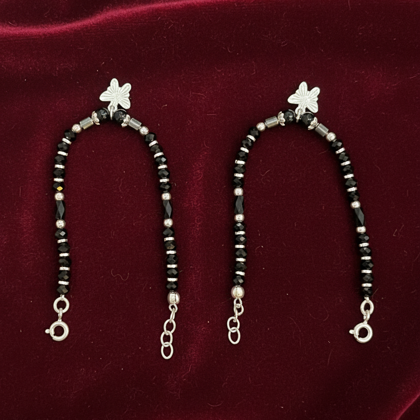 Silver Nazariya Black Bead Anklet for Kids | Set of 2 with Star Charm