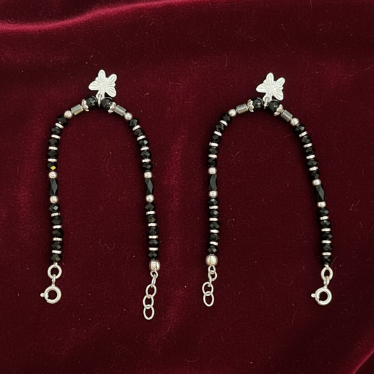 Silver Nazariya Black Bead Anklet for Kids | Set of 2 with Star Charm