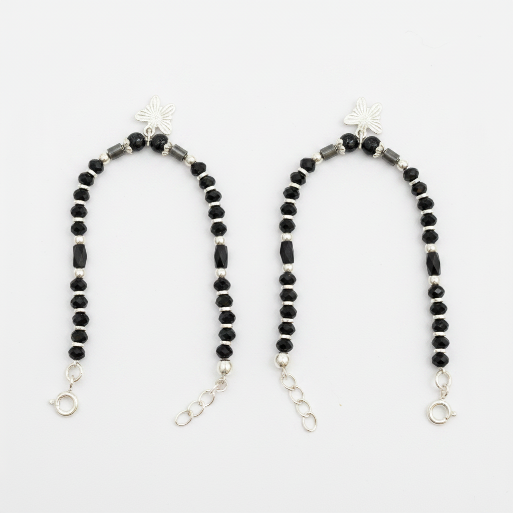 Silver Nazariya Black Bead Anklet for Kids | Set of 2 with Star Charm