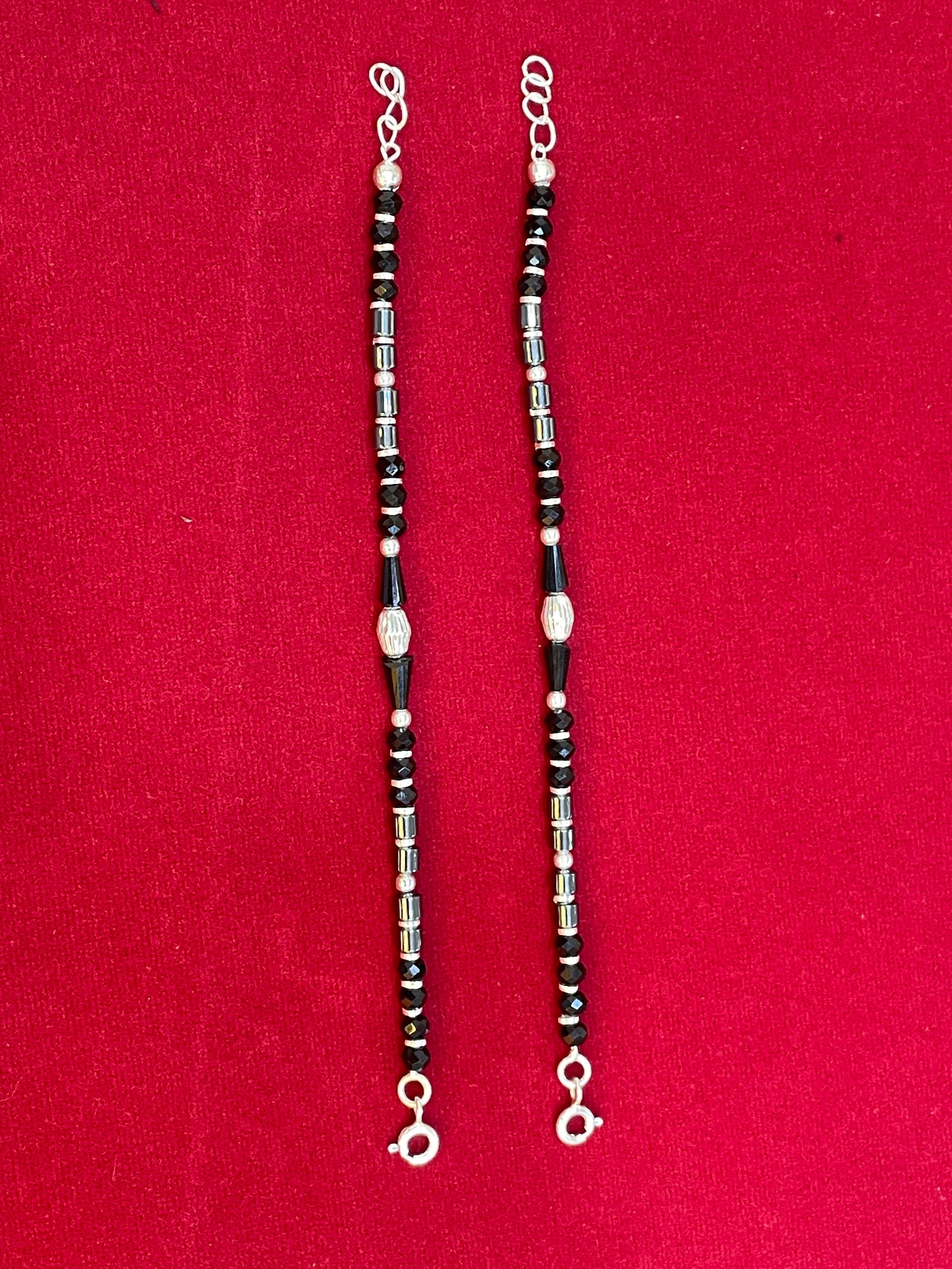 Silver Nazariya Black Bead  Anklet Set for Kids | Engraved Barrel Charm