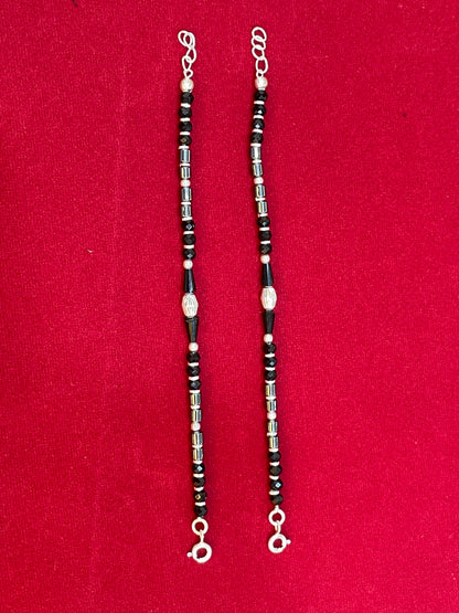 Silver Nazariya Black Bead  Anklet Set for Kids | Engraved Barrel Charm