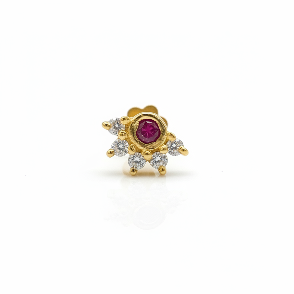 92.5 Sterling Silver Gold Plated Ruby Red CZ Crown Nose Pin for Women