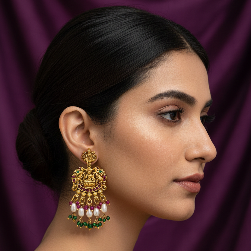 92.5 Silver Gold Plated Multicolor Lakshmi Devi Earrings for Women | Temple Design | Traditional Jewellery