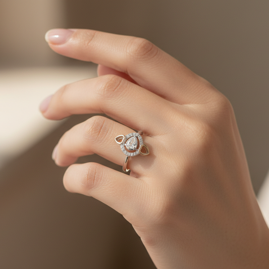 Hand wearing a delicate ring with a blurred background