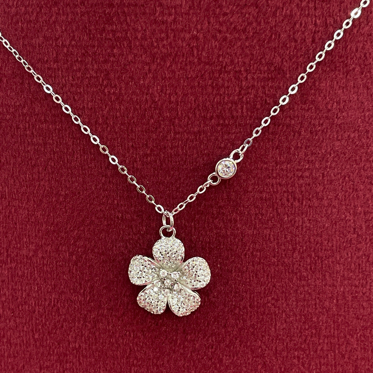 92.5 Silver Pave CZ Five-Petal Flower Pendant Necklace for Women