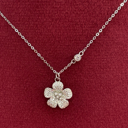 92.5 Silver Pave CZ Five-Petal Flower Pendant Necklace for Women