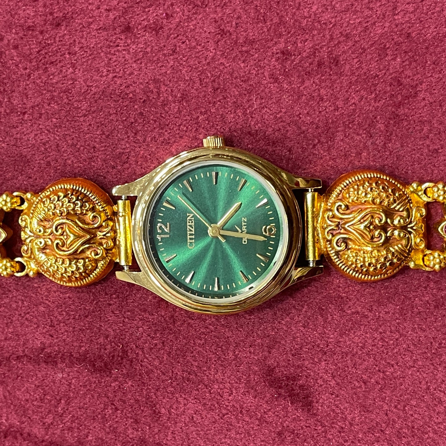 925 Silver Gold-Plated Nakshi Bracelet Watch for Women | Teal Dial | Peacock Strap with Ruby & Emerald CZ Flowers