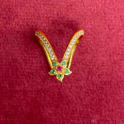 92.5 Silver Gold Plated Green & Pink CZ Vanki Ring for Women