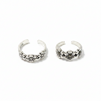 925 Sterling Silver Pyrite Floral Toe Rings for Women | Oxidised Floral Design
