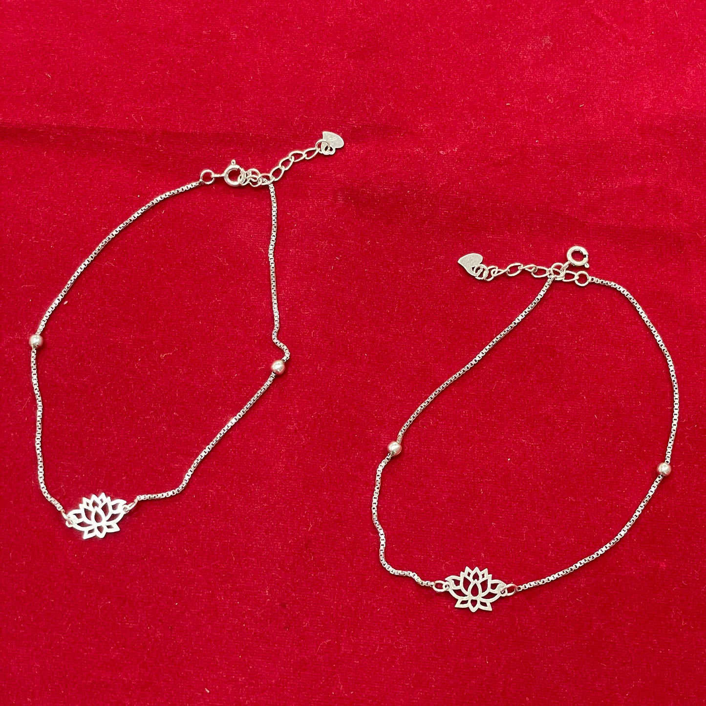 92.5 Sterling Silver Anklet for Women | Lotus Charm Box Chain with Ball Accents
