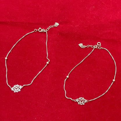 92.5 Sterling Silver Anklet for Women | Lotus Charm Box Chain with Ball Accents