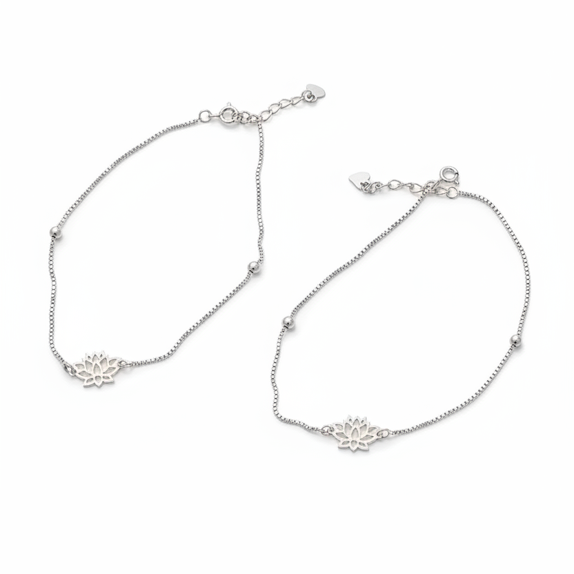 92.5 Sterling Silver Anklet for Women | Lotus Charm Box Chain with Ball Accents