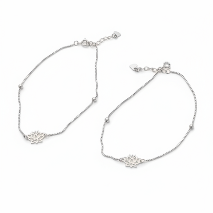 92.5 Sterling Silver Anklet for Women | Lotus Charm Box Chain with Ball Accents