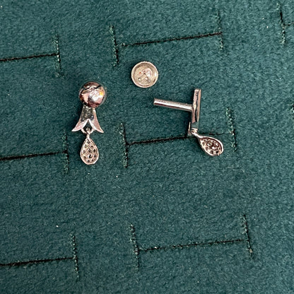 92.5 Sterling Silver Plain Polished Tulip Wing Stud with Pave White CZ Teardrop Drop Earrings for Women