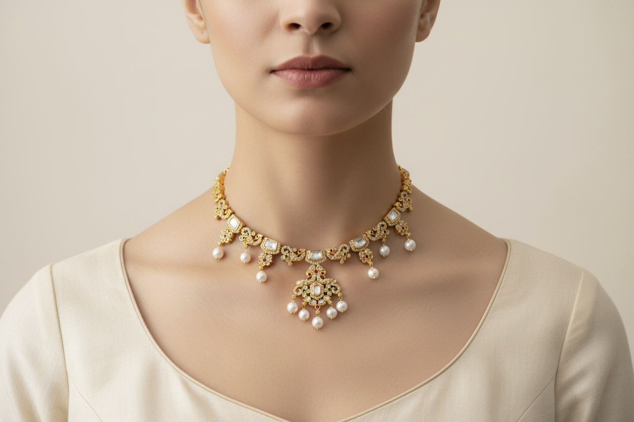 92.5 Silver Gold Plated White Stone Necklace for Women | Stylish Sparkling Design | Elegant Jewellery