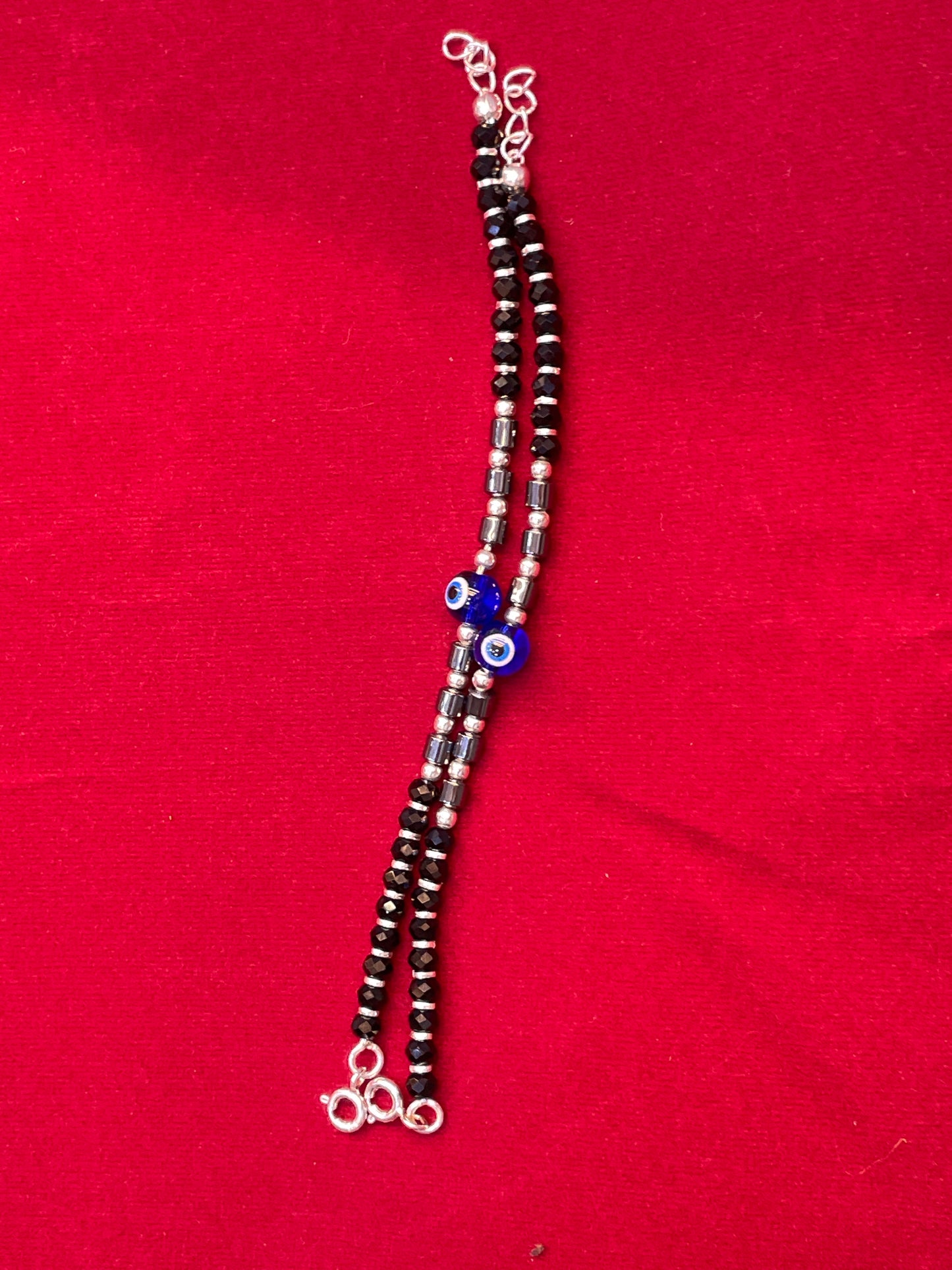 Silver Nazariya Black Bead Anklet for Kids | Set of 2 with Blue Evil Eye Charm