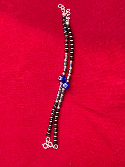Silver Nazariya Black Bead Anklet for Kids | Set of 2 with Blue Evil Eye Charm