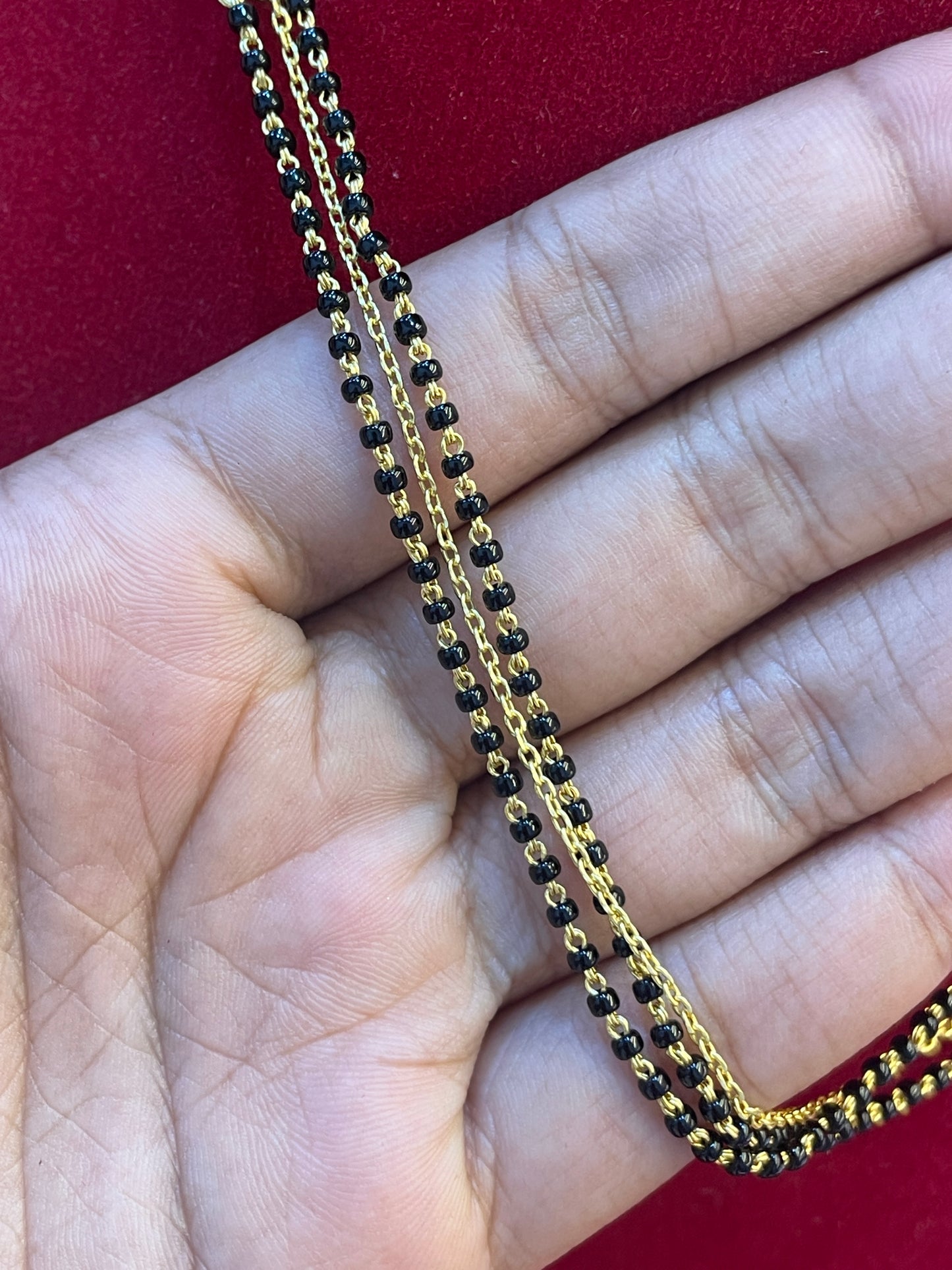 92.5 Silver Gold Plated Three Line Black Bead Chain for Women 19 Inches | Mangalsutra Style Jewellery