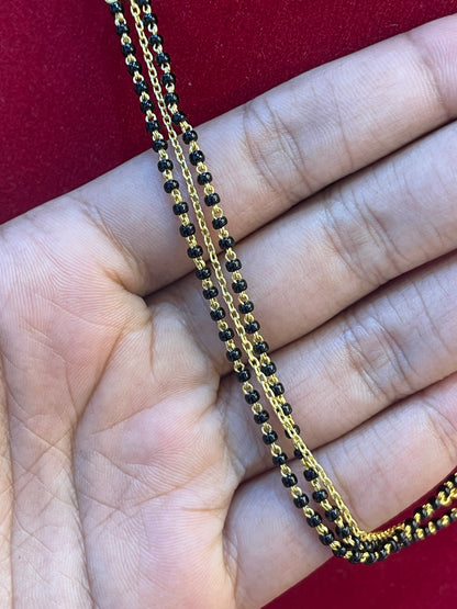 92.5 Silver Gold Plated Three Line Black Bead Chain for Women 19 Inches | Mangalsutra Style Jewellery