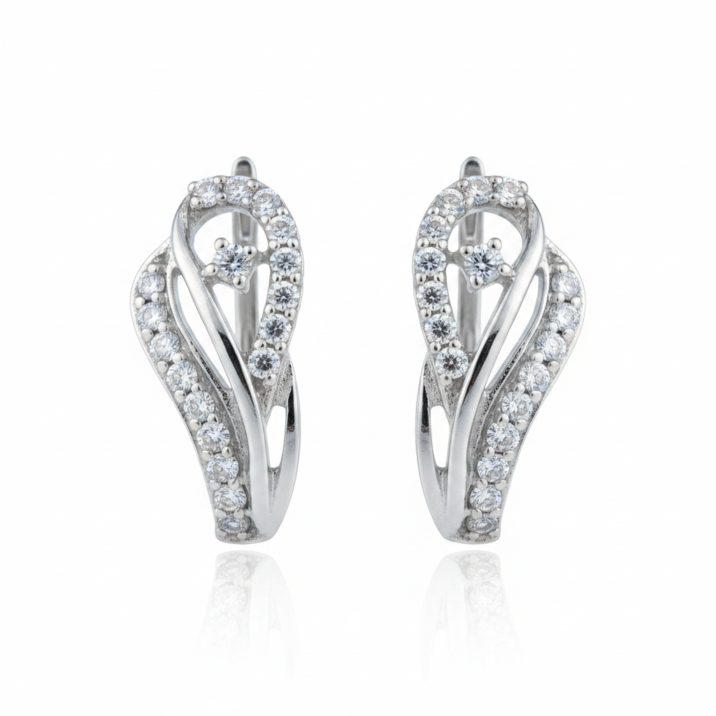 92.5 Sterling Silver CZ Sweeping Loop Teardrop J Studs pair