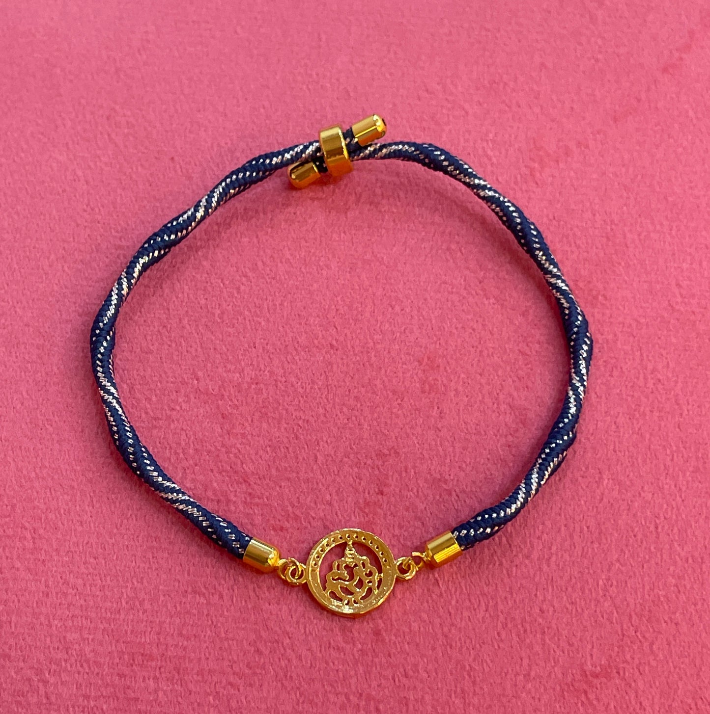 925 Silver Ganesha Rakhi for Brother | Gold Plated Circular Charm on Navy Blue Thread