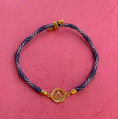 925 Silver Ganesha Rakhi for Brother | Gold Plated Circular Charm on Navy Blue Thread