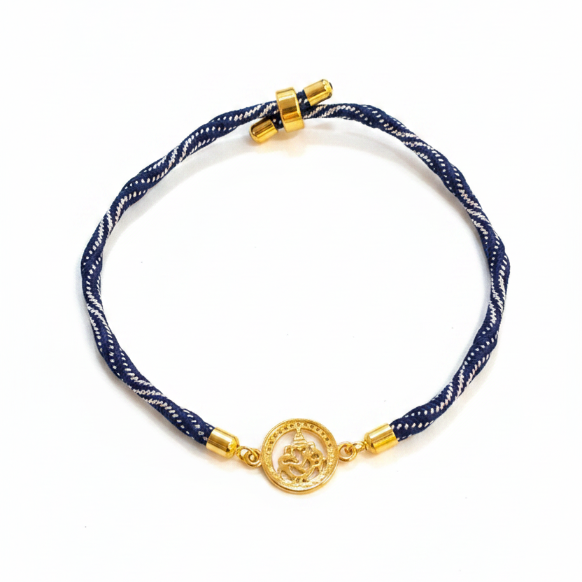 925 Silver Ganesha Rakhi for Brother | Gold Plated Circular Charm on Navy Blue Thread
