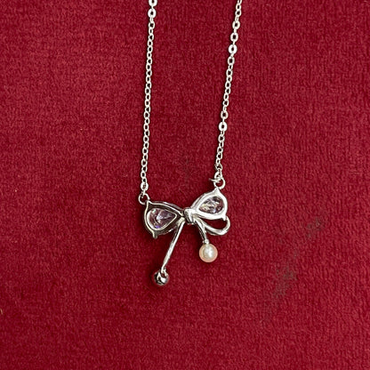 92.5 Silver Pave CZ Bow Pendant Necklace with Pearl & Silver Ball Drops for Women