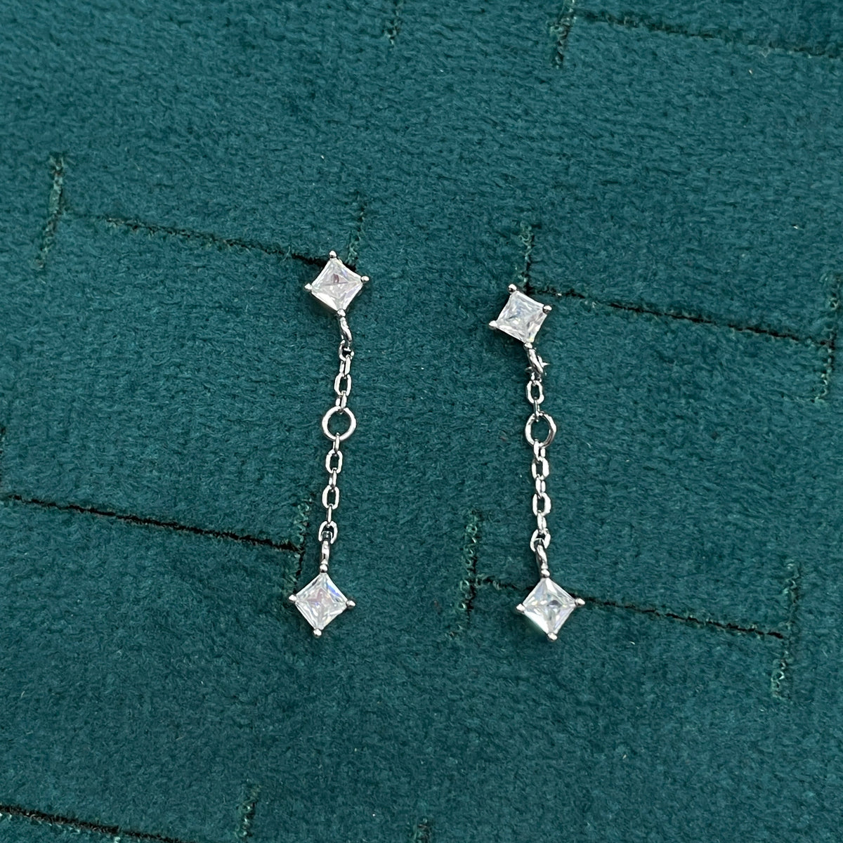 92.5 Sterling Silver Princess Cut White CZ Stud & Chain Drop Earrings for Women