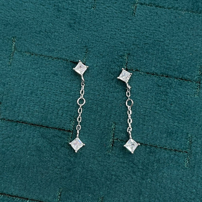 92.5 Sterling Silver Princess Cut White CZ Stud & Chain Drop Earrings for Women