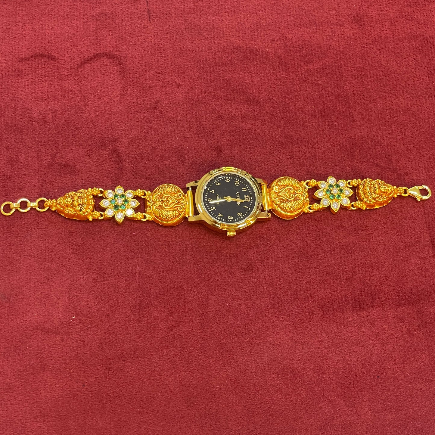 925 Silver Gold-Plated Nakshi Bracelet Watch with White & Emerald CZ Flowers