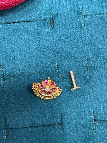 925 Silver Gold Plated Ruby Flower Temple Nosepin