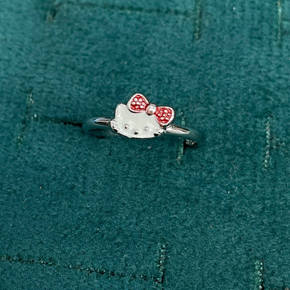 92.5 Sterling Silver White & Red Enamel Kitty Cat with Bow Charm Kids Finger Ring — Size 7