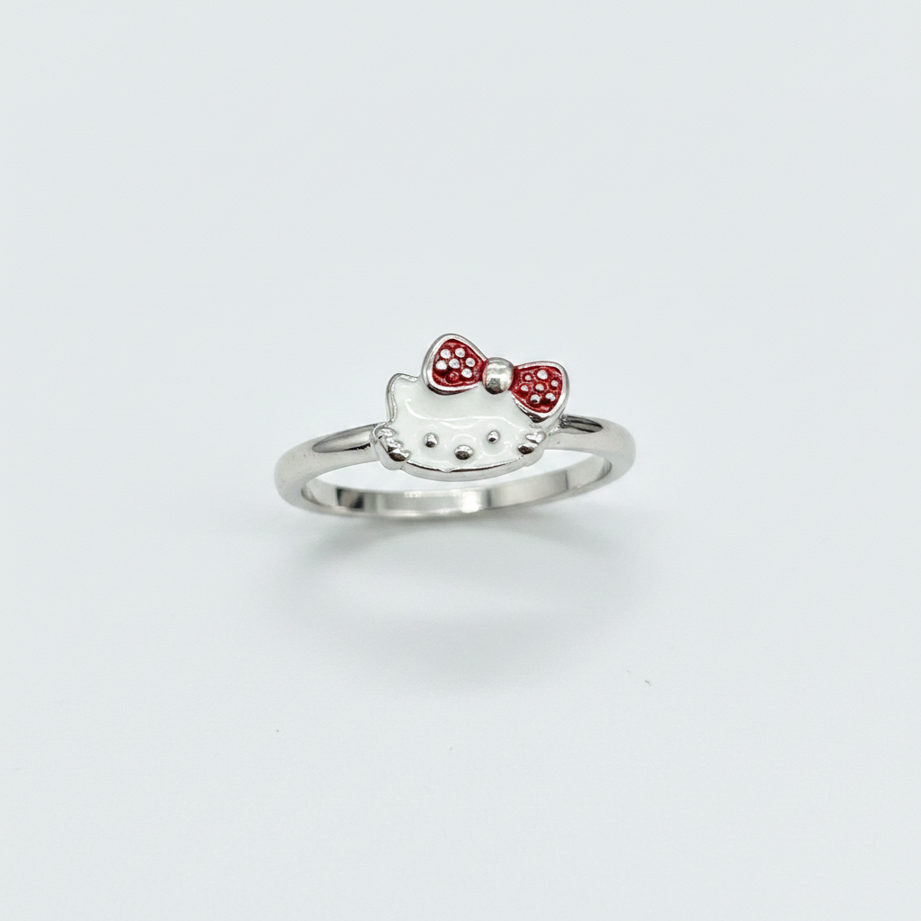 92.5 Sterling Silver White & Red Enamel Kitty Cat with Bow Charm Kids Finger Ring — Size 7
