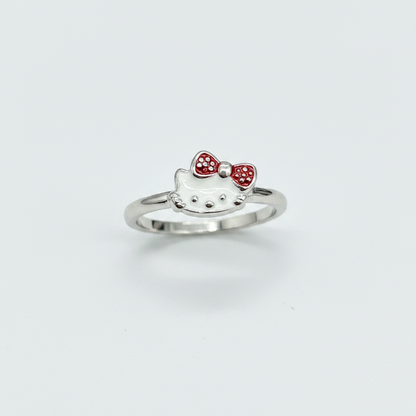 92.5 Sterling Silver White & Red Enamel Kitty Cat with Bow Charm Kids Finger Ring — Size 7