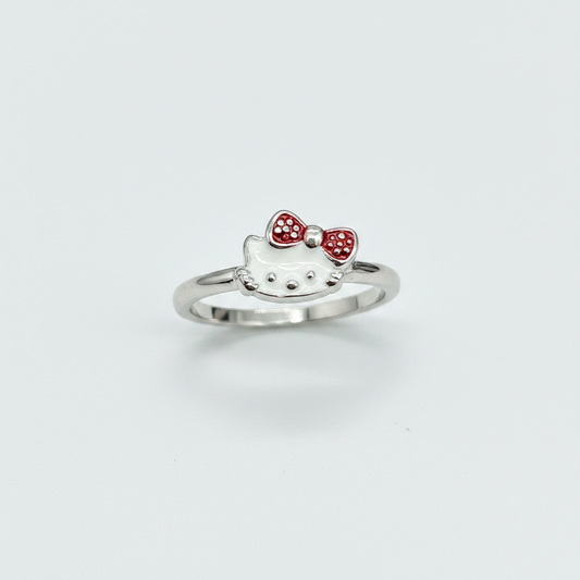 92.5 Sterling Silver White & Red Enamel Kitty Cat with Bow Charm Kids Finger Ring — Size 7